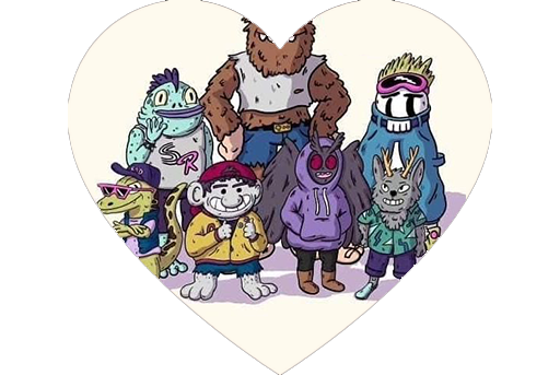 Mascot characters in a heart for charity.